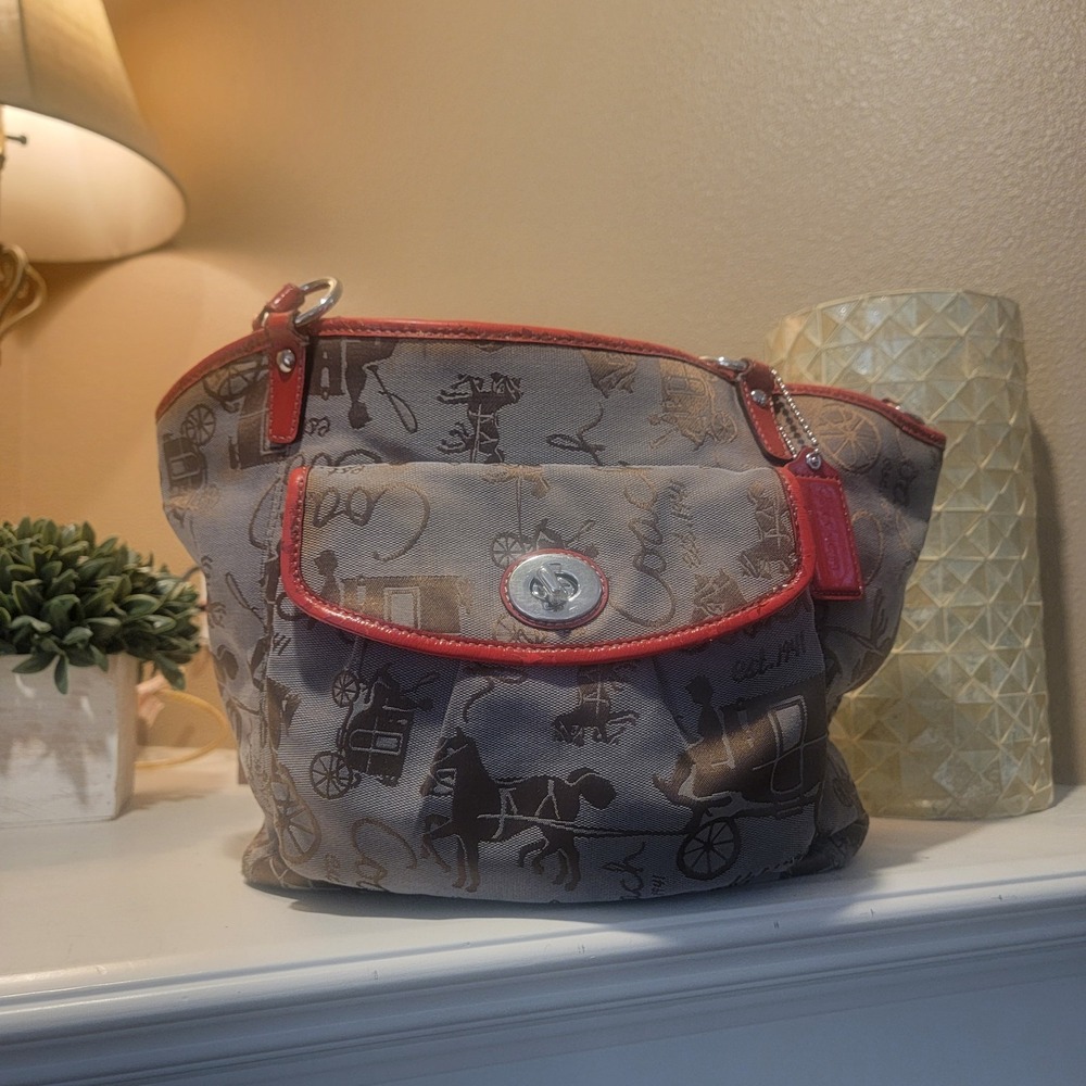Coach Brown Canvas Leather Trim Carriage Turnlock‎ Zipper Satchel Shoulder Bag